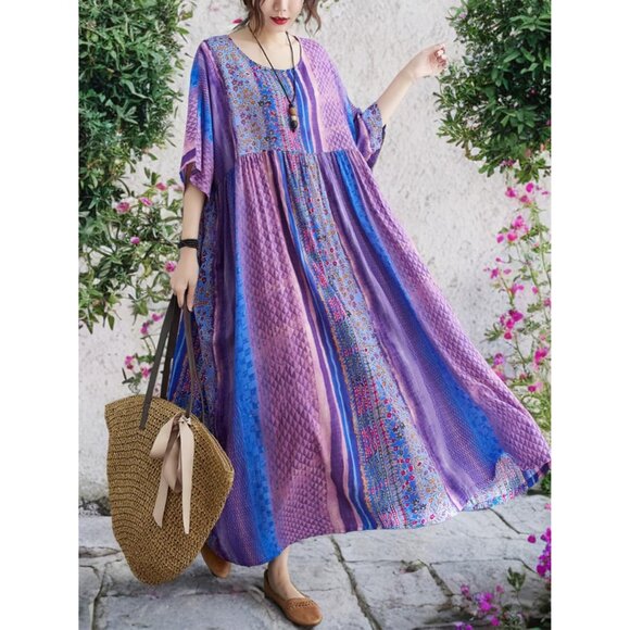 Women Summer Dress Plus Size Boho Floral Loose Fit with Pockets Purple - Picture 7 of 8